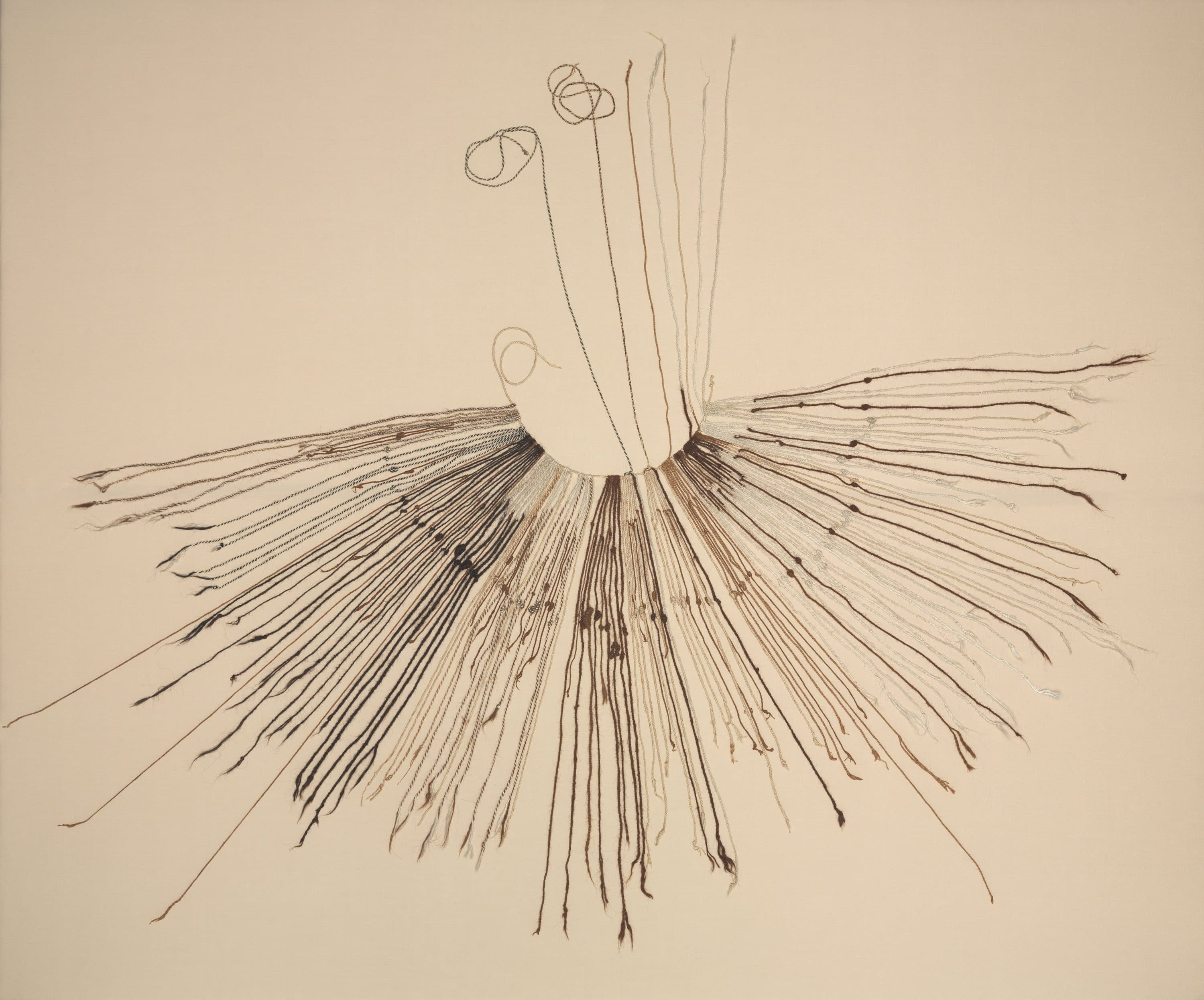 Inca khipu: dozens of knotted cords fanning out from a single cord