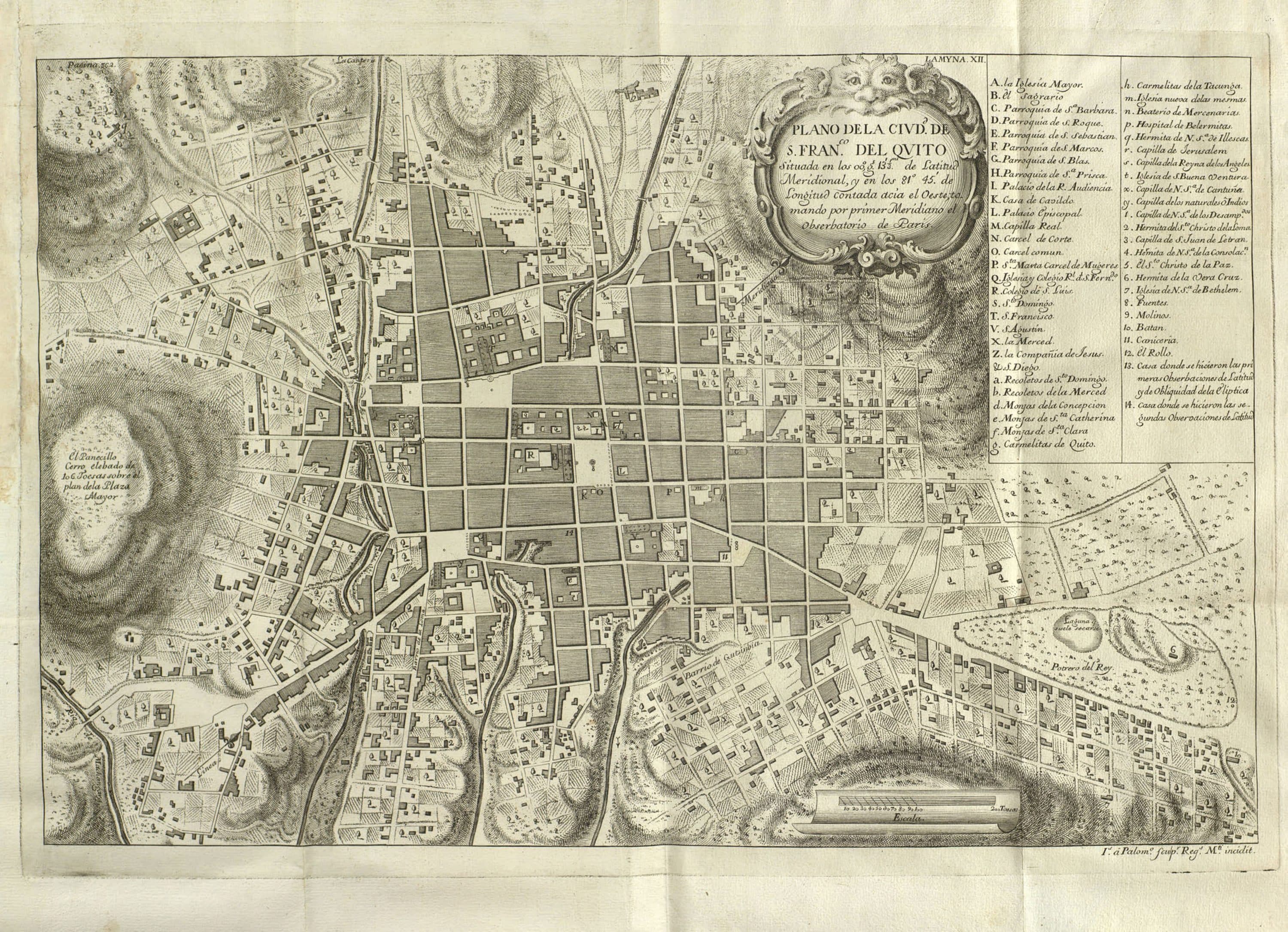Engraved plan of Quito in 1748, with its street grid and El Panecillo hill on the left