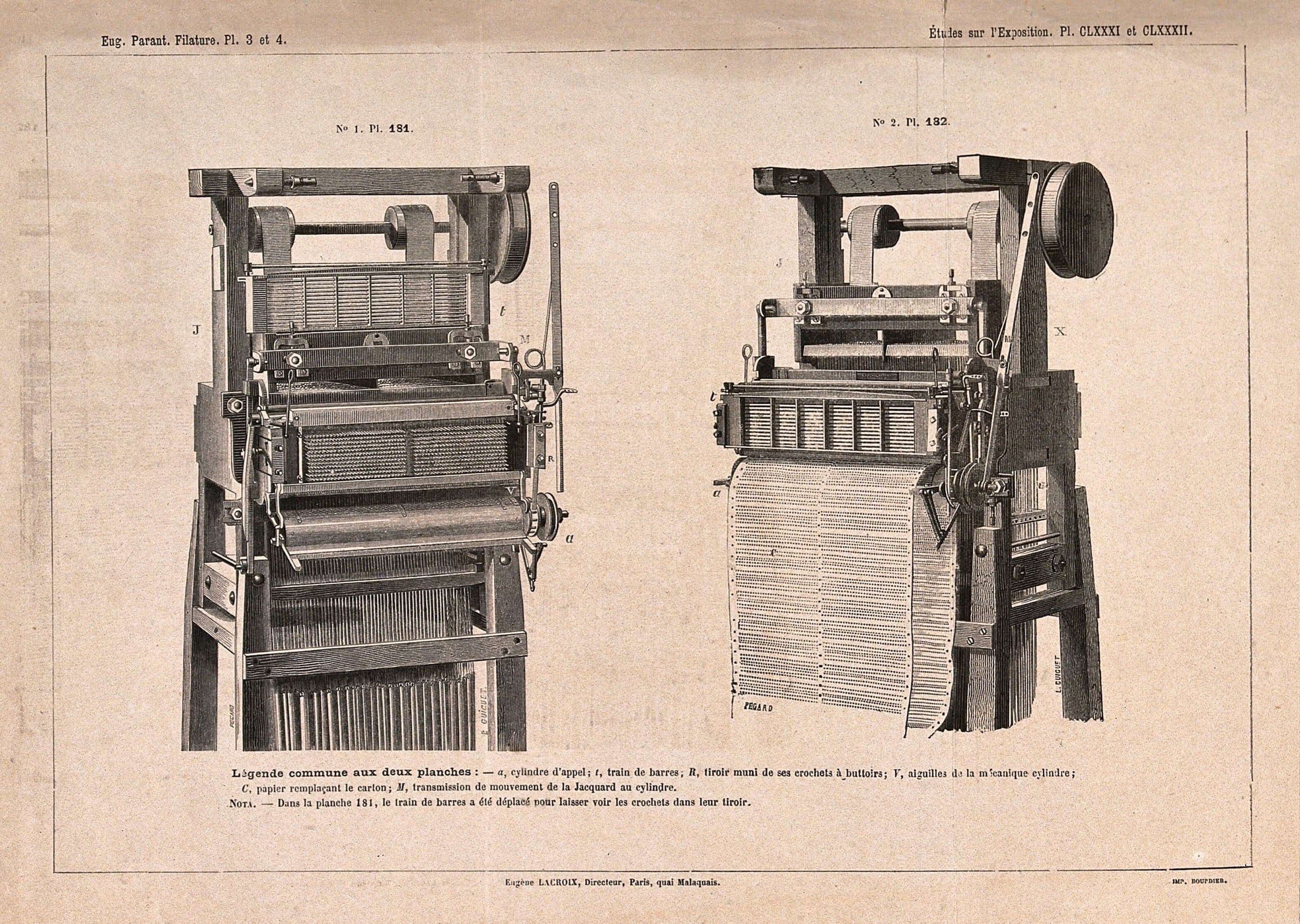 Two engraved views of a Jacquard mechanism; a long chain of punched cards hangs from the one on the right