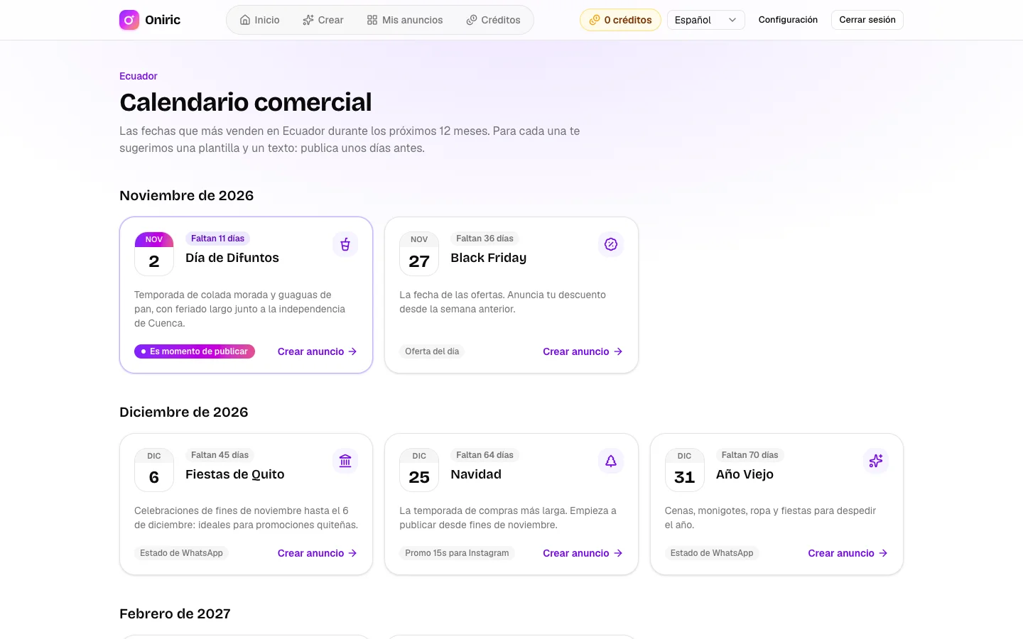 Oniric: Commercial calendar